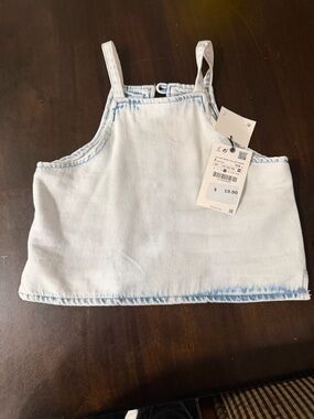 Zara Pale Blue Acid-Wash Denim Crop Tank